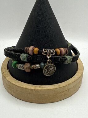 Earthy Boho Leather Wrap Bracelet Coin Charm Fairy Grunge Goth Hippie Y2K Punk